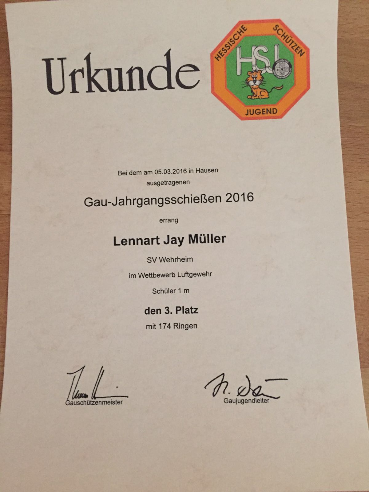 Gau Urkunde 2016 Lennart