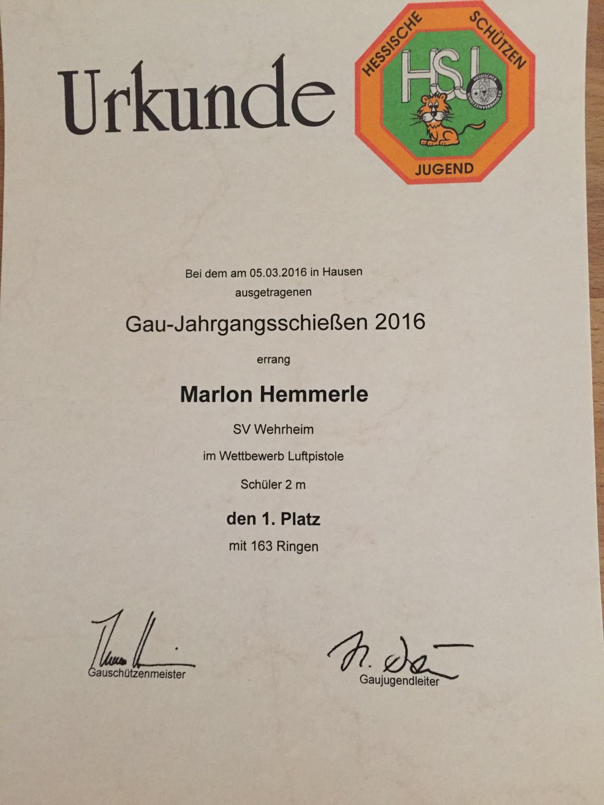 Gau Urkunde 2016 Marlon